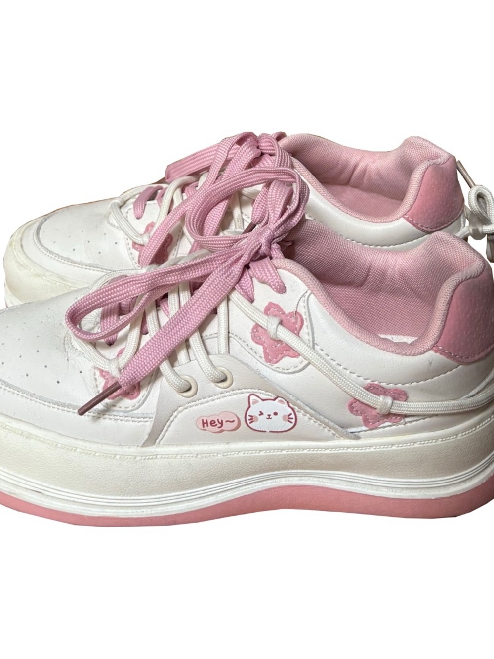 White and Pink Platform Sneakers with Cat Detail